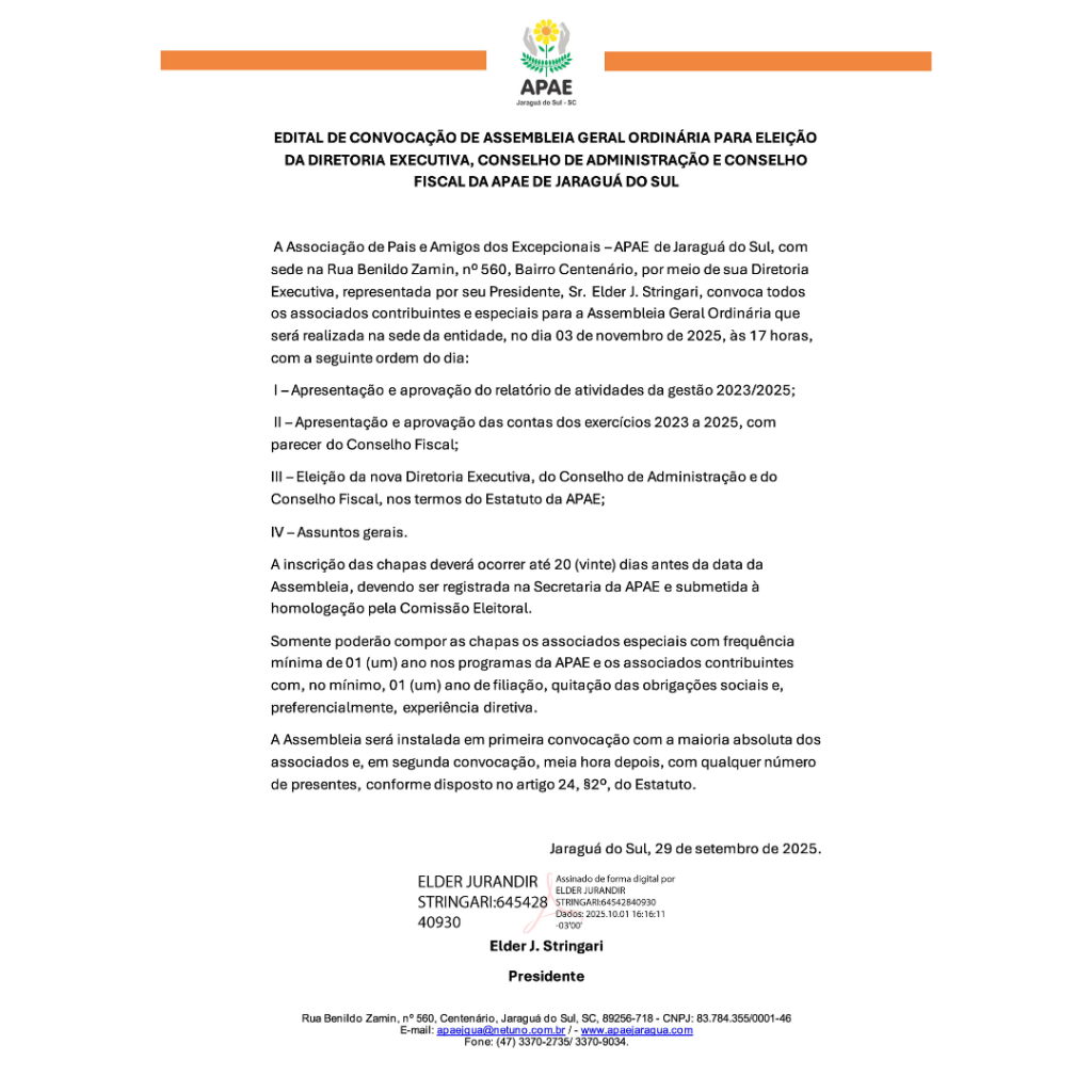 Edital de Convocação de Assembleia Geral Ordinária para Eleição da Diretoria Executiva, Conselho de Administração e Conselho Fiscal da APAE de Jaraguá do Sul
